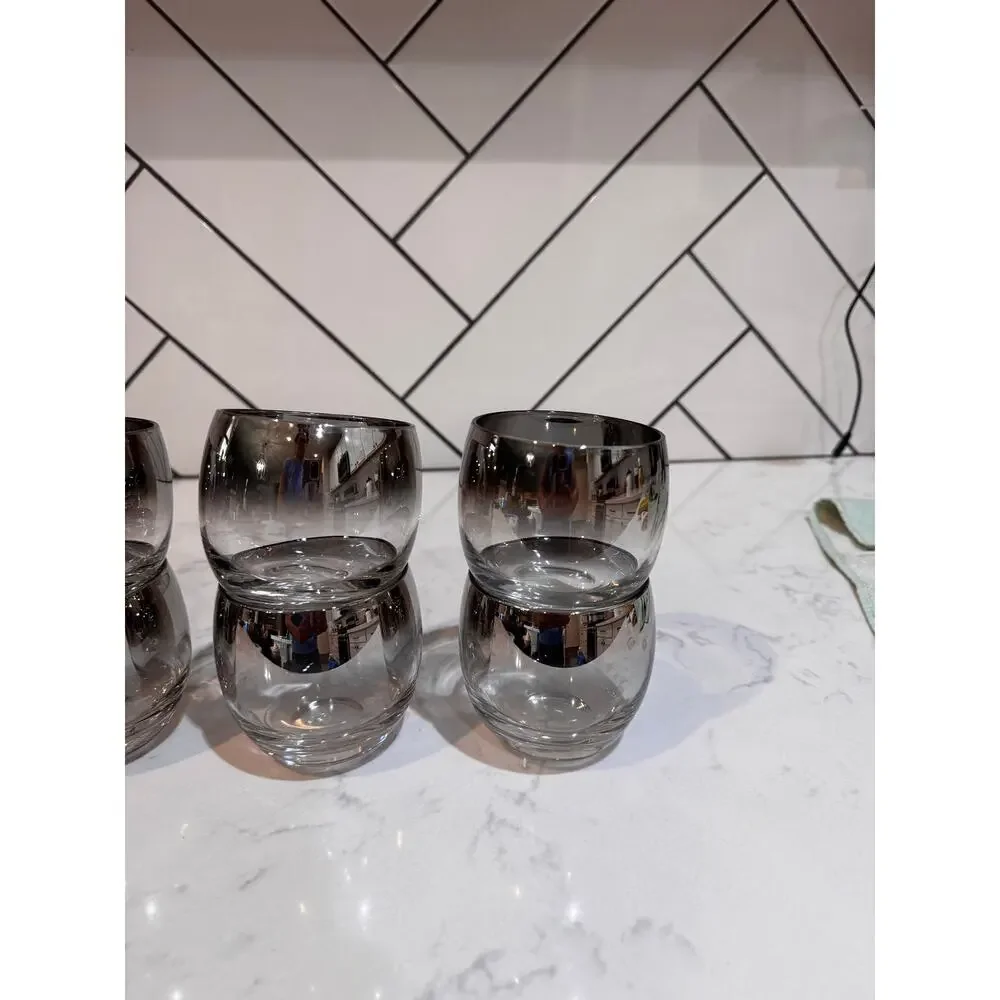 Mid-Century Modern Silver Ombre roly-poly cocktail set 8 cups w/ ice bucket 60s